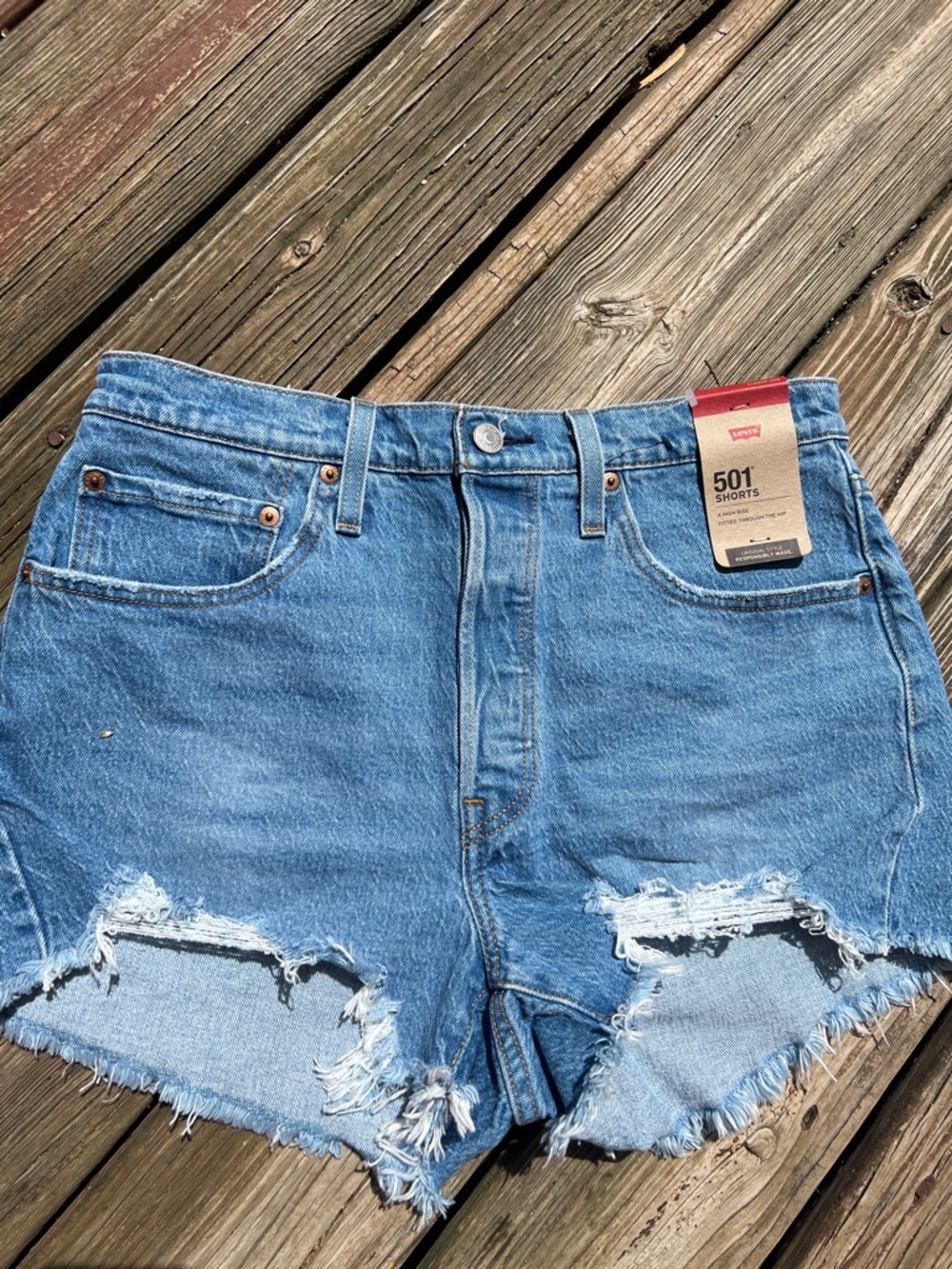 Levi's 501 Distressed Light Blue Denim High Rise Shorts